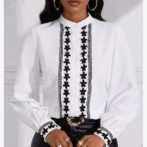 FLORAL CONTRAST Bright White Button Down Business Casual Work Shirt L boutique